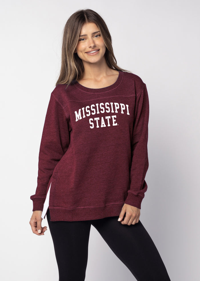 Mississippi State Bulldogs Women's Maroon  Feathered fleece  with Long side slits finished with white twill tape and front yoke seam