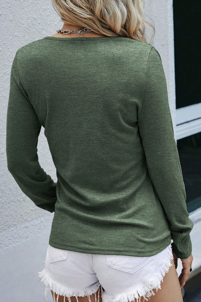 Mist Green Long Sleeve Snap Button Henley Top - Tops/Long Tops