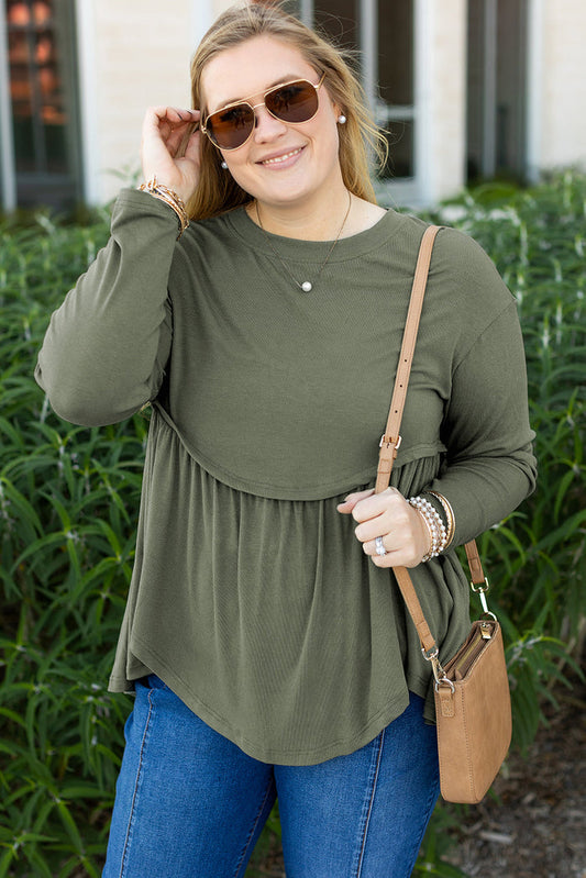 Mist Green Plus Size Thermal Knitted Babydoll Flare Top - MIST GREEN / 1X / 93% VISCOSE + 7% ELASTANE - Size/Plus