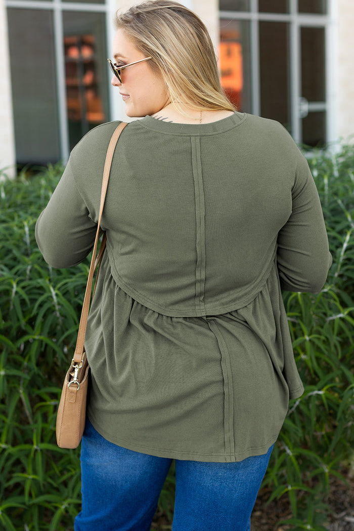 Mist Green Plus Size Thermal Knitted Babydoll Flare Top - Size/Plus Tops/Plus Long Sleeve Tops