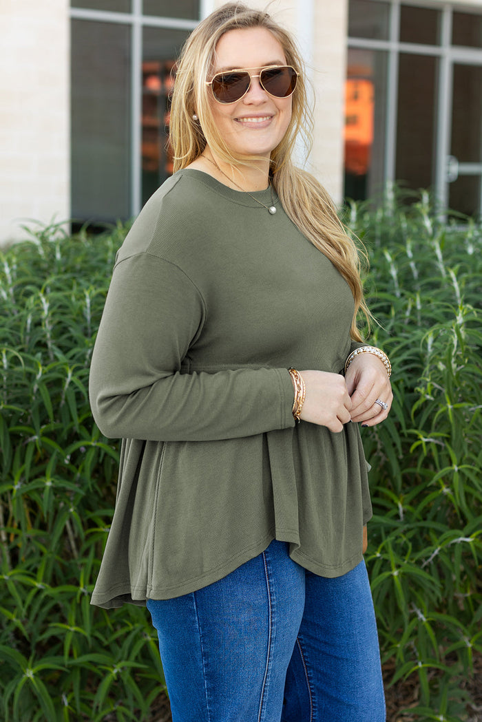 Mist Green Plus Size Thermal Knitted Babydoll Flare Top - Size/Plus Tops/Plus Long Sleeve Tops