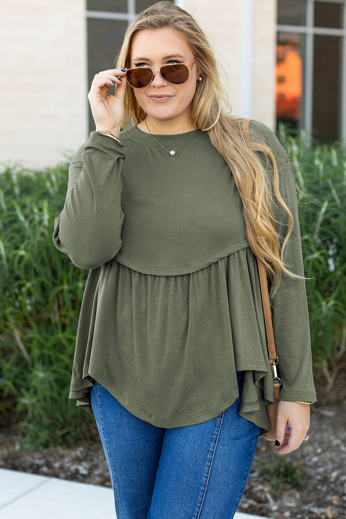 Mist Green Plus Size Thermal Knitted Babydoll Flare Top - Size/Plus Tops/Plus Long Sleeve Tops
