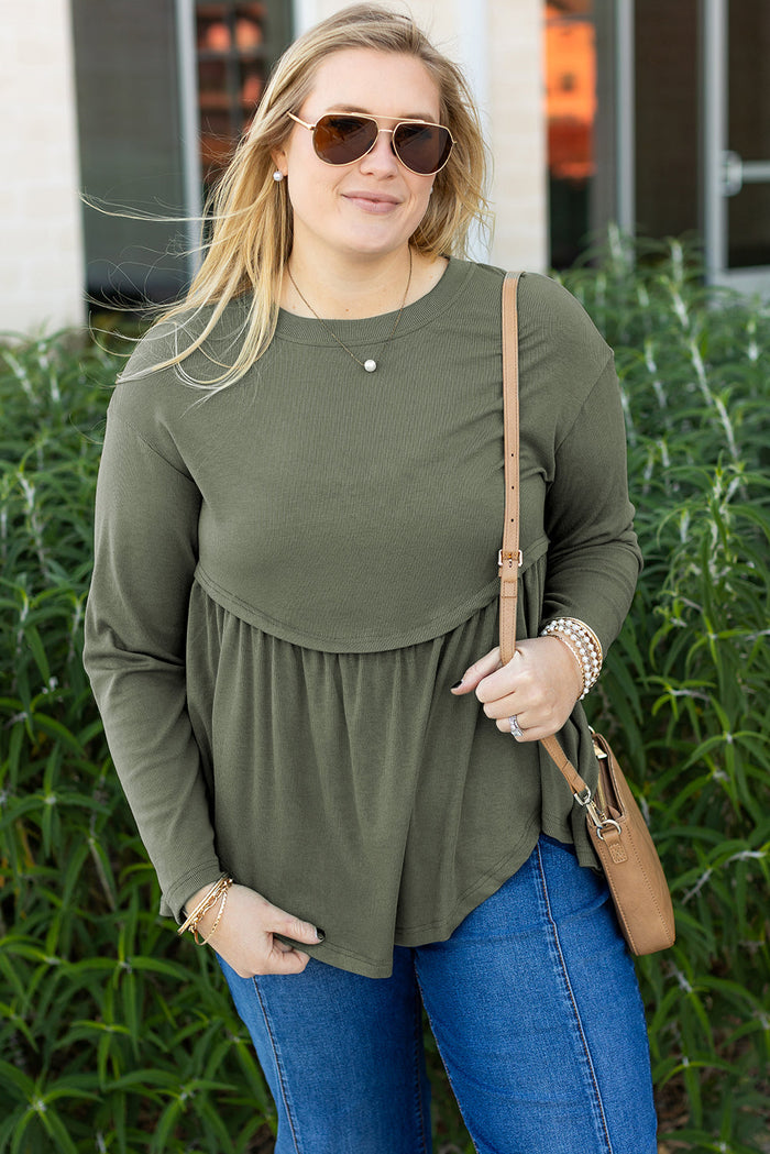 Mist Green Plus Size Thermal Knitted Babydoll Flare Top - Size/Plus Tops/Plus Long Sleeve Tops