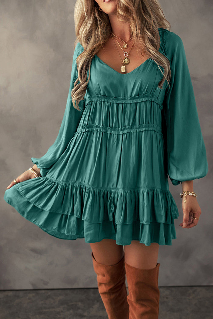 Mist Green Tiered Ruffled Puff Sleeve Loose Fit Mini Dress - MIST GREEN / S / 97% POLYESTER + 3% ELASTANE