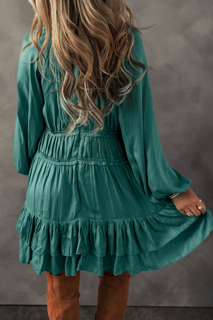 Mist Green Tiered Ruffled Puff Sleeve Loose Fit Mini Dress - Dresses/Mini Dresses
