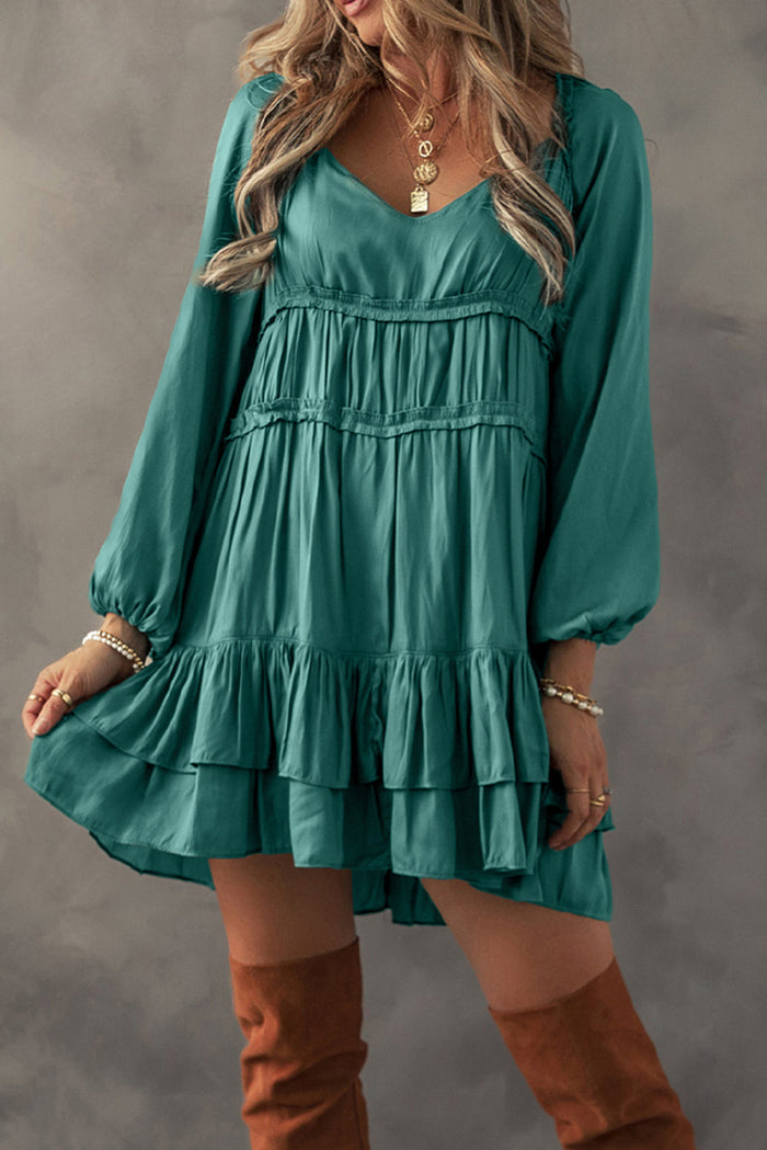 Mist Green Tiered Ruffled Puff Sleeve Loose Fit Mini Dress - Dresses/Mini Dresses