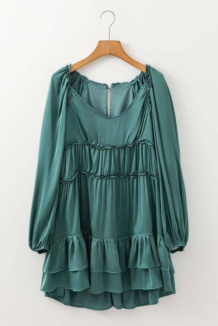 Mist Green Tiered Ruffled Puff Sleeve Loose Fit Mini Dress - Dresses/Mini Dresses