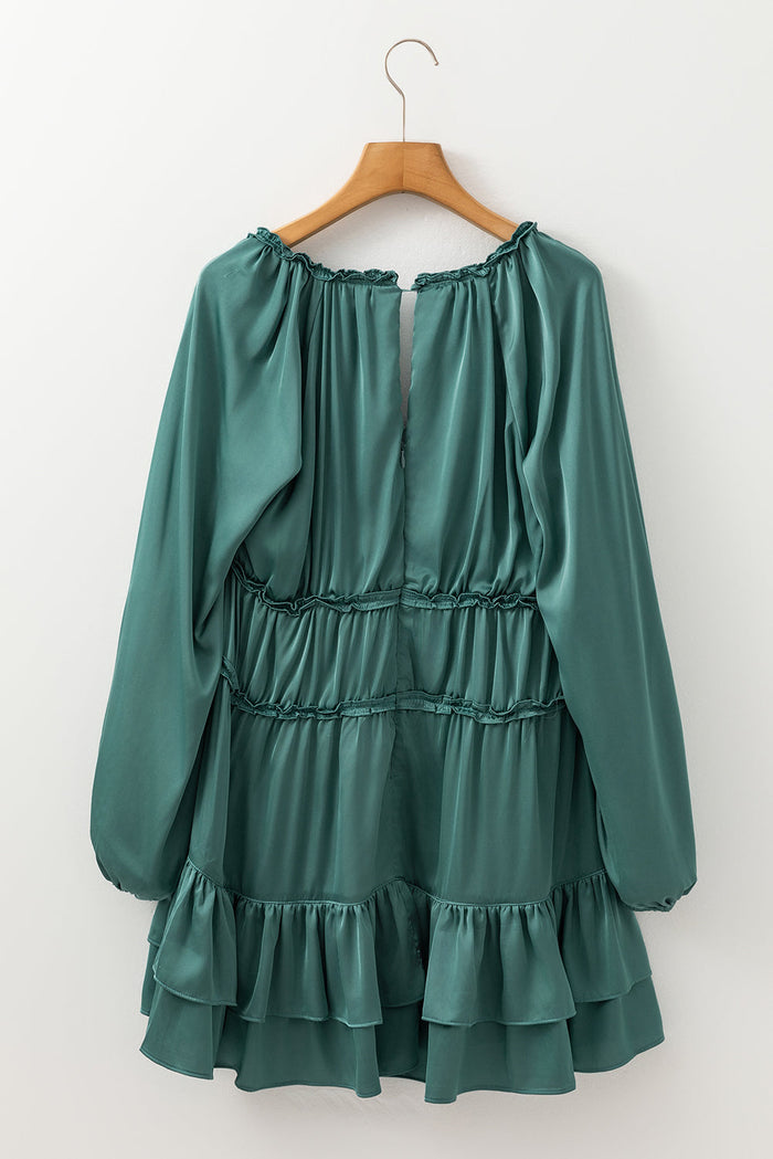 Mist Green Tiered Ruffled Puff Sleeve Loose Fit Mini Dress - Dresses/Mini Dresses