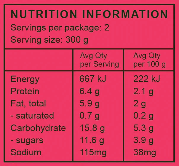 Nutrition label showing energy, protein, carbs, and sodium per 300g serving for organic ready meal