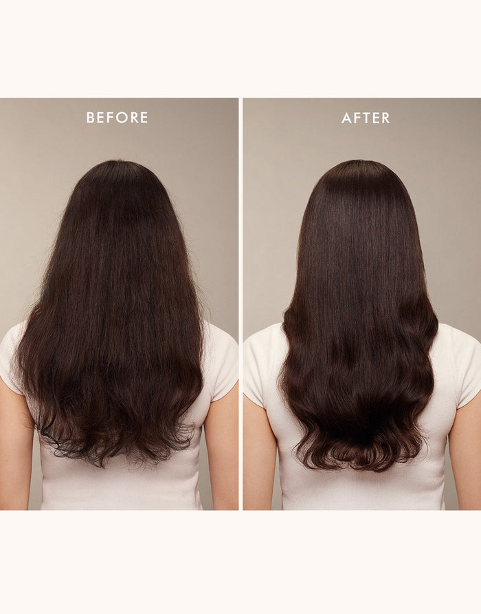 Before and after comparison showing the smoothing and shine effects on long dark hair using Moroccanoil Treatment Mist - Full Size | Moroccanoil, highlighting enhanced hair texture and wellness.