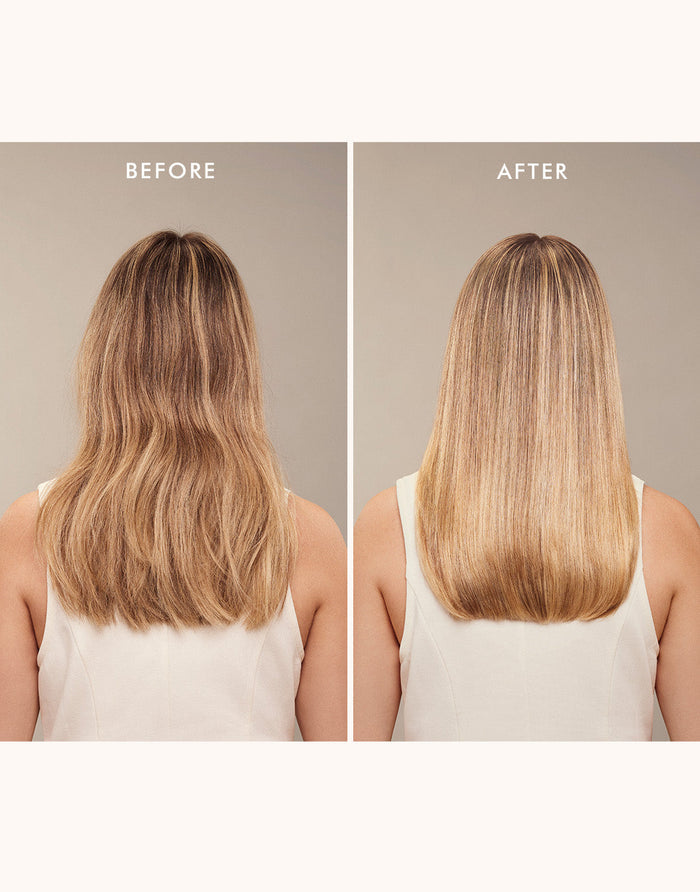 Before and after comparison showing smoother, shinier hair after using Moroccanoil Treatment Mist - Full Size | Moroccanoil for sleek, healthy-looking results.