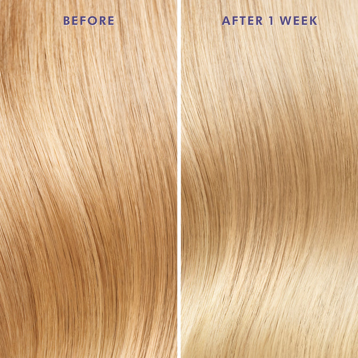 Close-up comparison of smooth, shiny blonde hair before and after one week of using Moroccanoil Treatment Purple | Moroccanoil, highlighting improved hair texture and color tone.