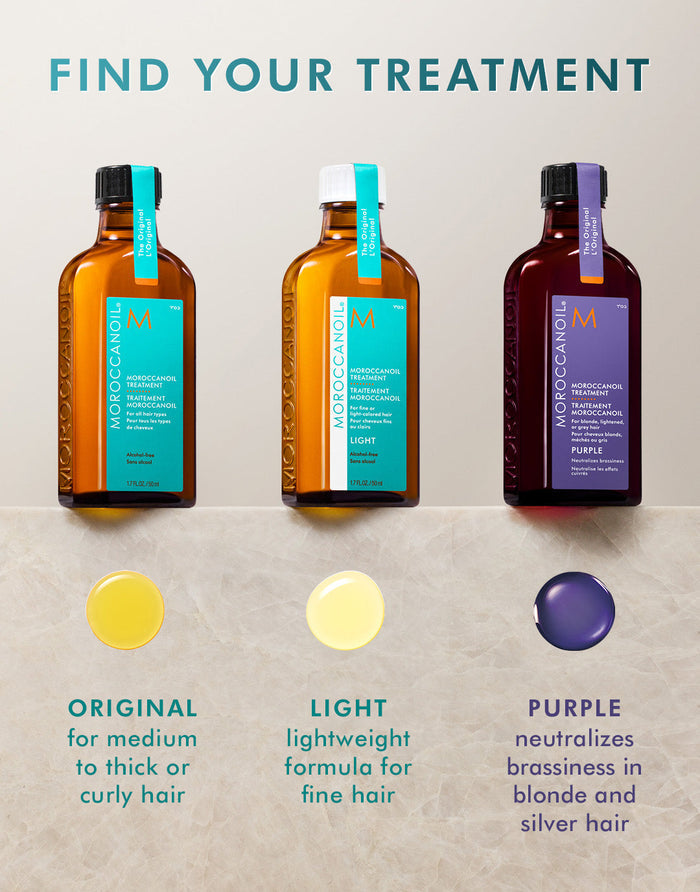 Three bottles of Moroccanoil Treatment Purple | Moroccanoil with descriptions highlighting original for medium to thick or curly hair, light for fine hair, and purple to neutralize brassiness in blonde and silver hair.