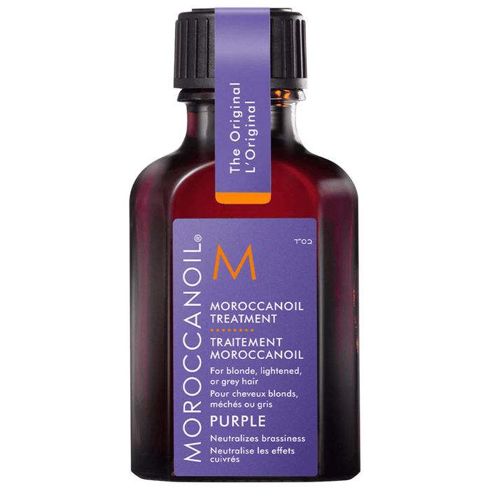 Moroccanoil Treatment Purple | Moroccanoil bottle designed for blonde, lightened, or grey hair, helps neutralize brassiness with a rich purple formula.