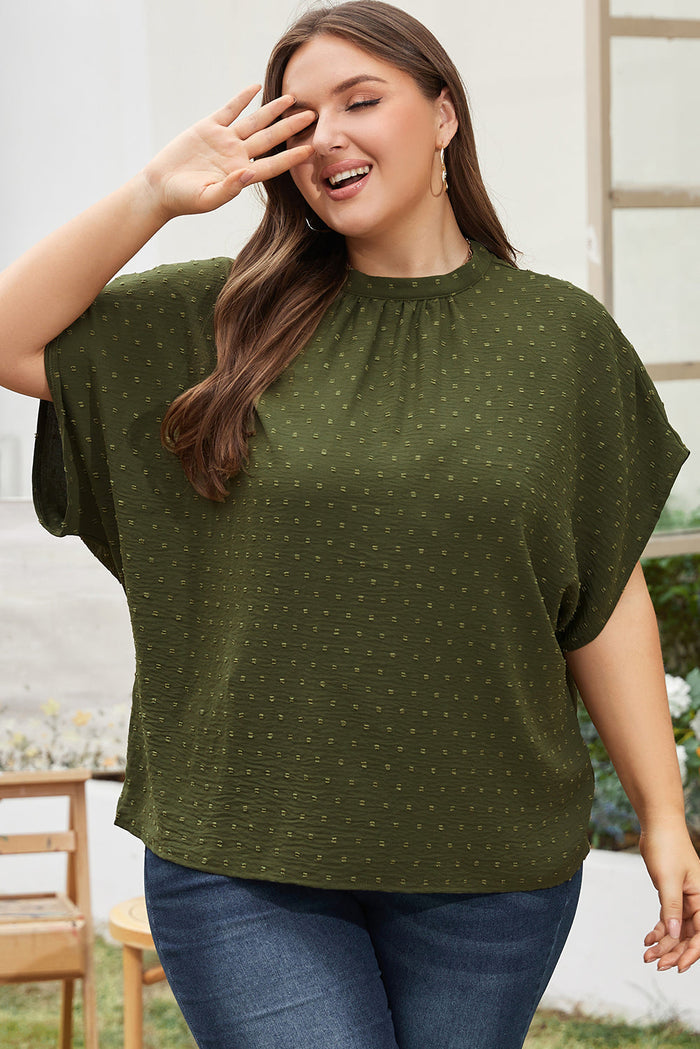 Moss Green Plus Size Swiss Dot Mock Neck Tied Nape Top - MOSS GREEN / 1X / 100% POLYESTER - Size/Plus Tops/Plus Blouses