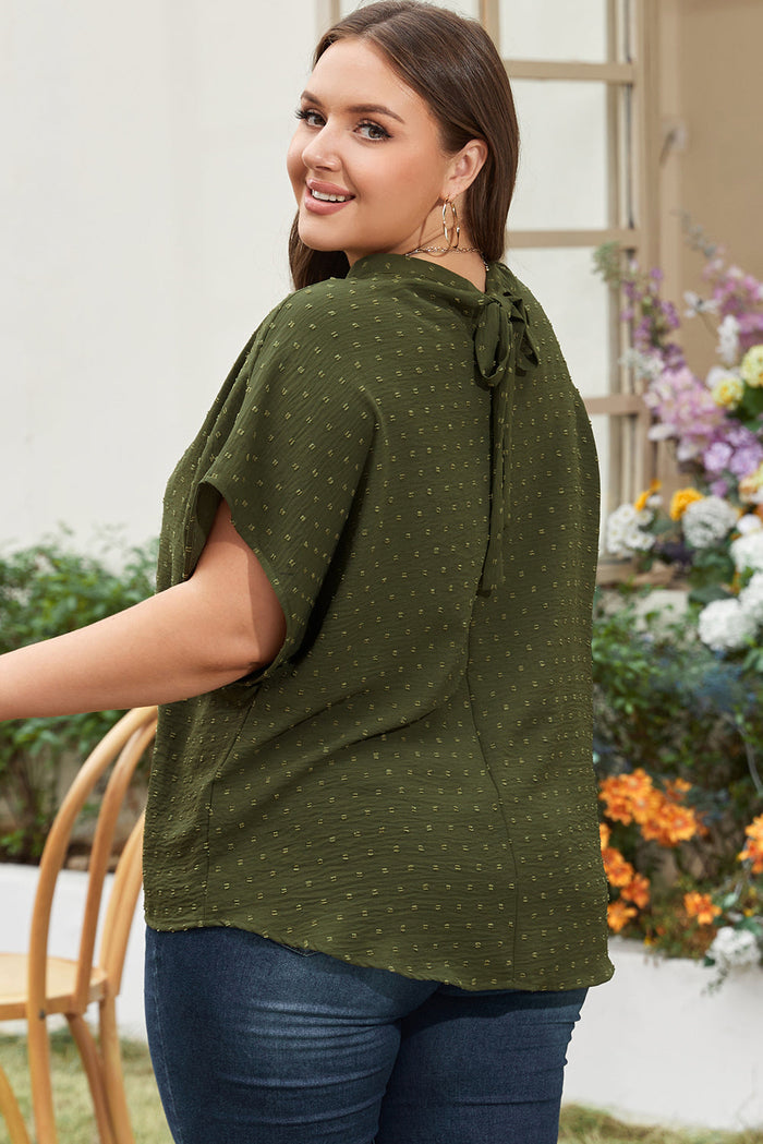 Moss Green Plus Size Swiss Dot Mock Neck Tied Nape Top - Size/Plus Tops/Plus Blouses & Shirts