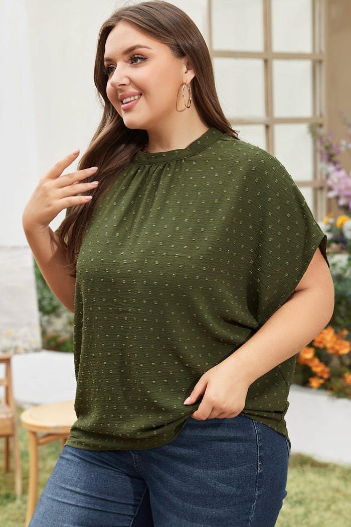 Moss Green Plus Size Swiss Dot Mock Neck Tied Nape Top - Size/Plus Tops/Plus Blouses & Shirts
