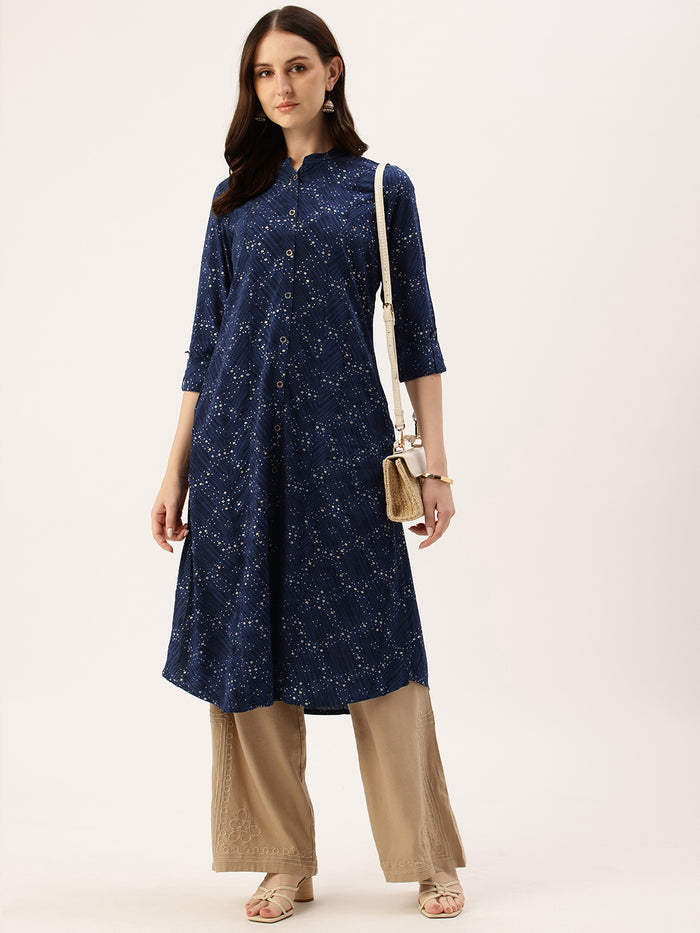 Navy Blue Printed A-Line Kurta