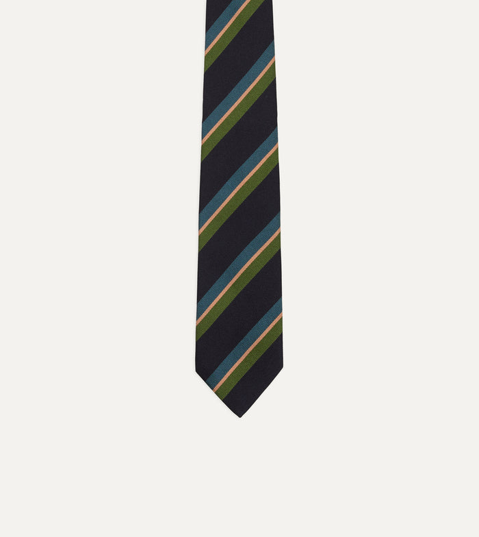 Navy, Green, Blue and Yellow Sandwich Stripe Repp Silk Tipped Tie