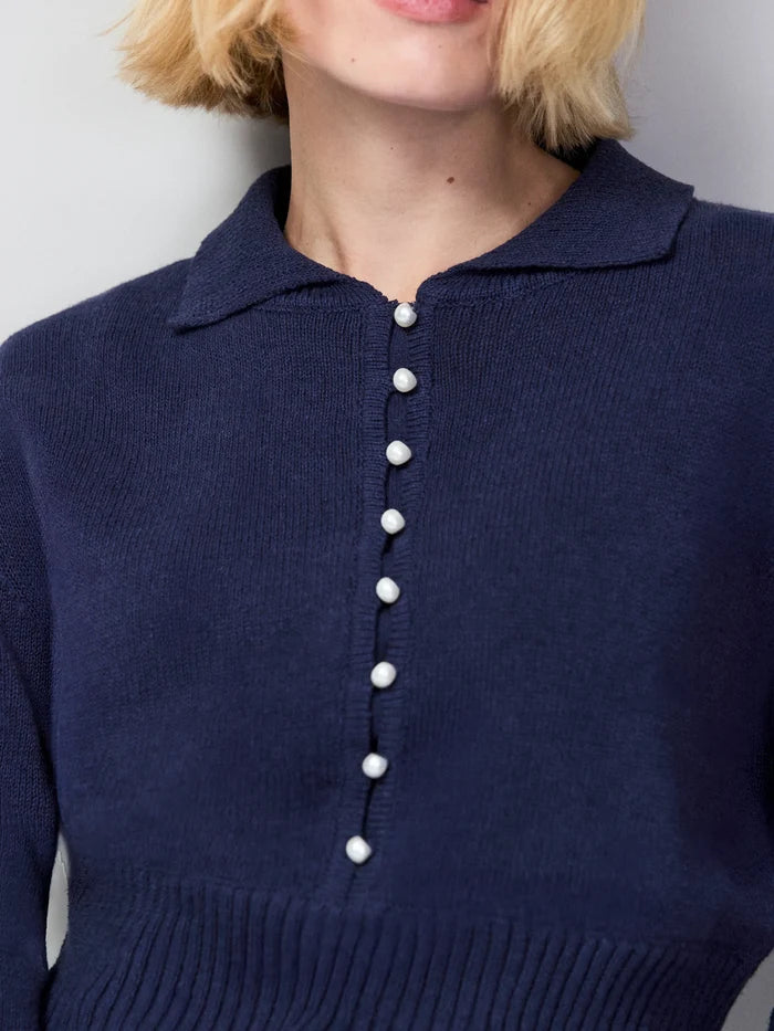 Navy Pearl-Button Cotton and Linen-Blend Jumper