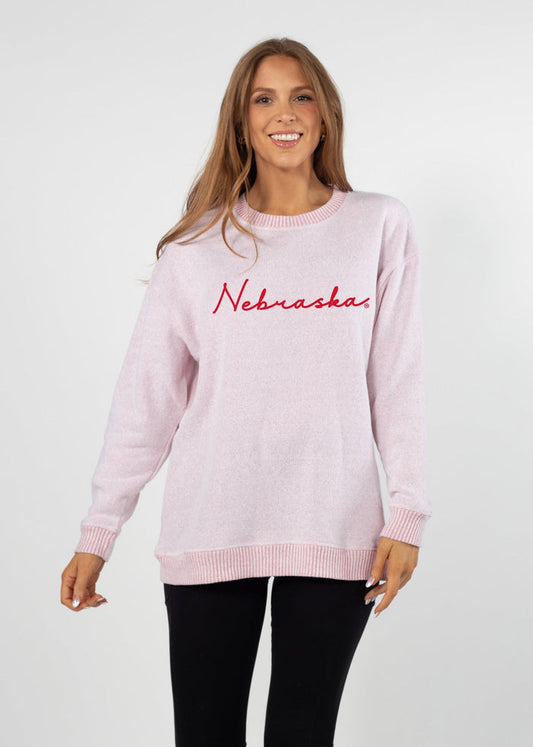 Nebraska Cornhuskers Women's Cardinal Relaxed, straight Yarn-dyed brushed fleece Sweatshirt with the look of sweater, the touch of a blanket, crew neckline and ribbed neck, cuffs and hem