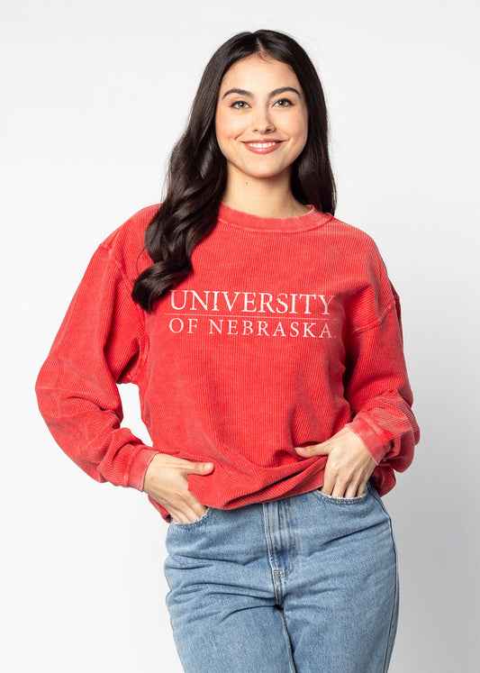 Nebraska Cornhuskers Unisex Red Oversized Premium cotton corded fleece Sweatshirt with Super soft hand feel, vintage wash and ribbed crew neckline, cuffs, and hemline