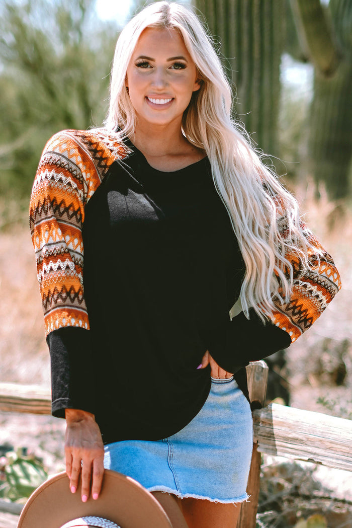 Orange Geo Print Raglan Patchwork Long Sleeve Tee - ORANGE / S / 65% POLYESTER + 30% VISCOSE + 5% ELASTANE - Tops/Long