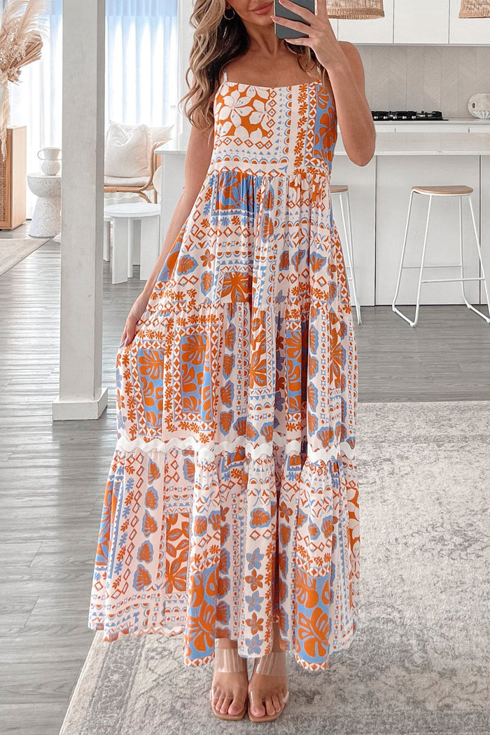 Orange Multi Printed Ricrac Trim Spaghetti Straps Maxi Dress - S / 100% Polyester - Dresses/Maxi Dresses