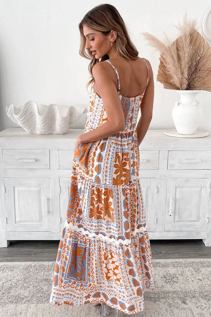 Orange Multi Printed Ricrac Trim Spaghetti Straps Maxi Dress - Dresses/Maxi Dresses