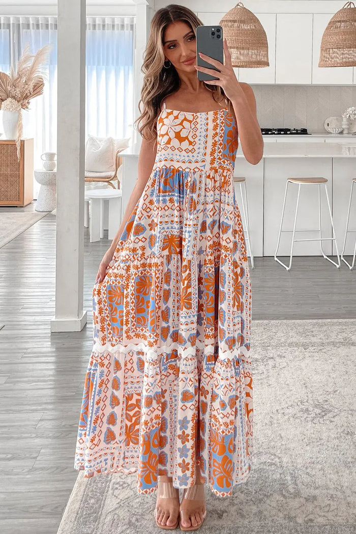 Orange Multi Printed Ricrac Trim Spaghetti Straps Maxi Dress - Dresses/Maxi Dresses