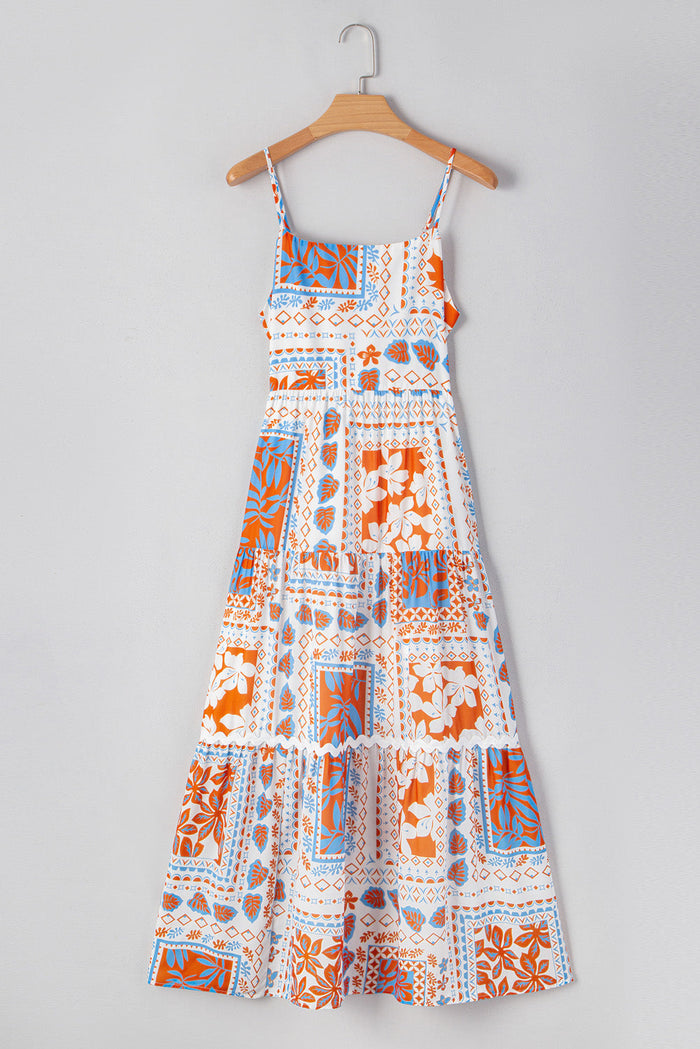 Orange Multi Printed Ricrac Trim Spaghetti Straps Maxi Dress - Dresses/Maxi Dresses