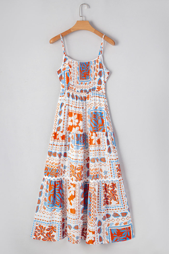 Orange Multi Printed Ricrac Trim Spaghetti Straps Maxi Dress - Dresses/Maxi Dresses