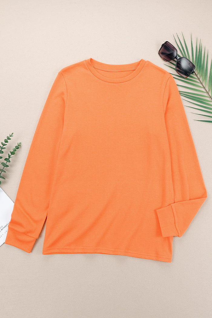 Orange Plain Crew Neck Long Sleeve Top - Tops/Long Tops