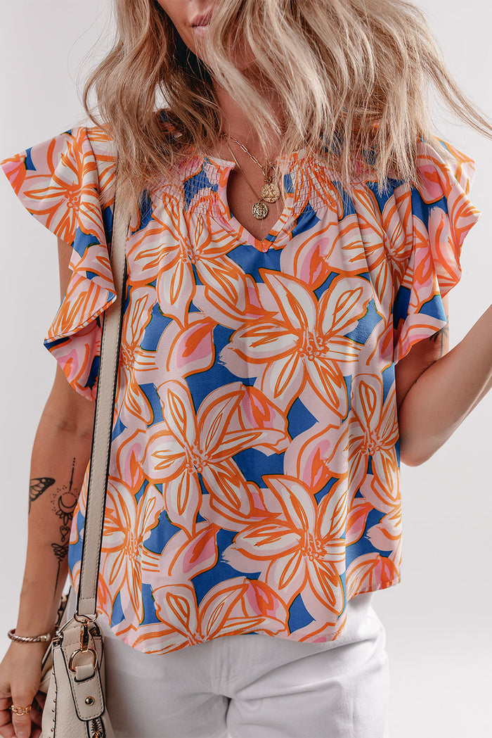 Orange Summer Flower Print Notched Neck Ruffle Sleeve Blouse - S / 100% Polyester - Tops/Blouses & Shirts