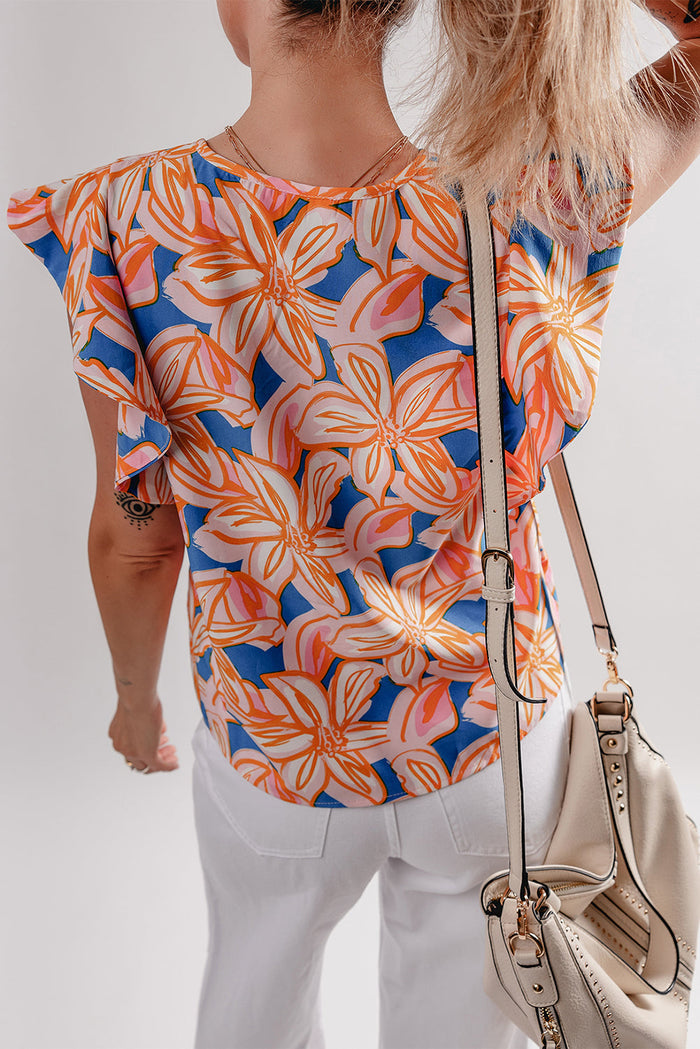 Orange Summer Flower Print Notched Neck Ruffle Sleeve Blouse - Tops/Blouses & Shirts