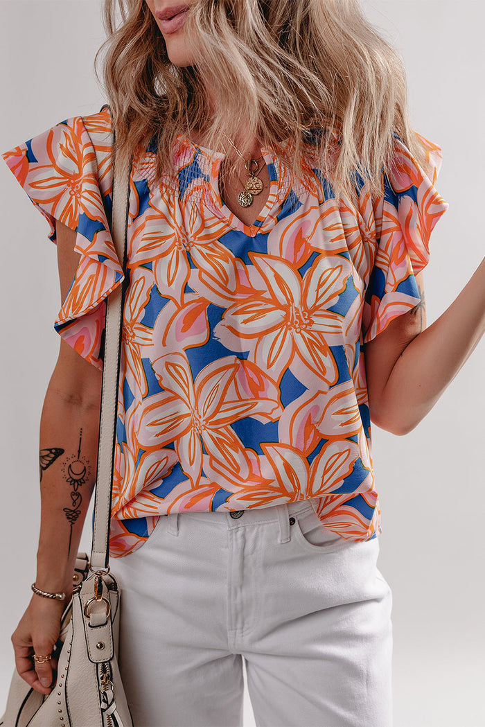 Orange Summer Flower Print Notched Neck Ruffle Sleeve Blouse - Tops/Blouses & Shirts