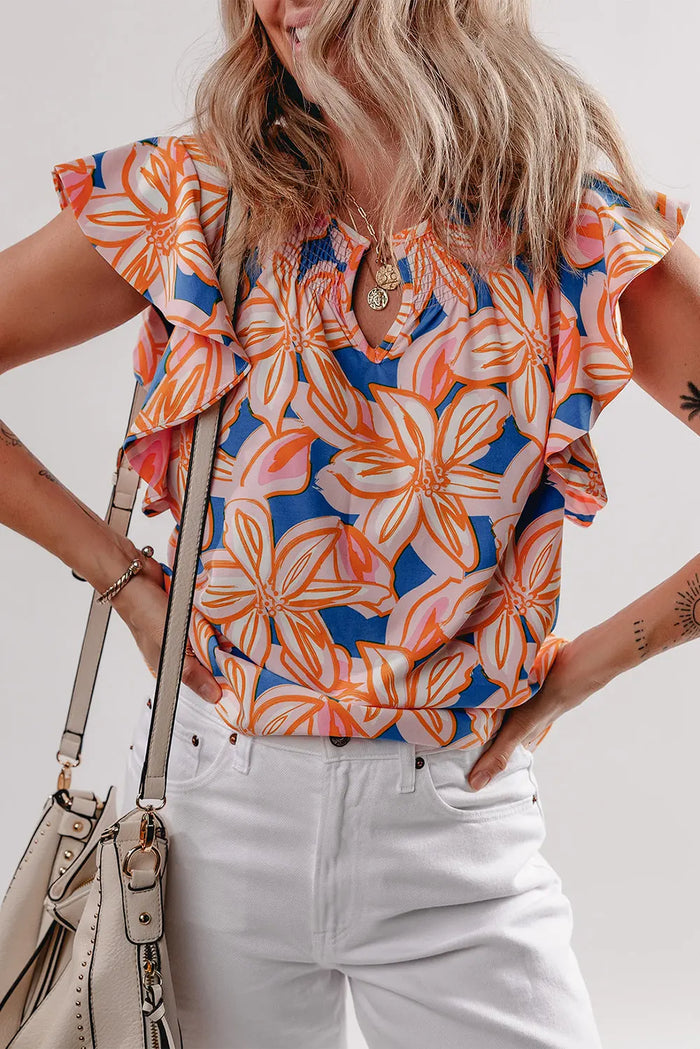 Orange Summer Flower Print Notched Neck Ruffle Sleeve Blouse - Tops/Blouses & Shirts