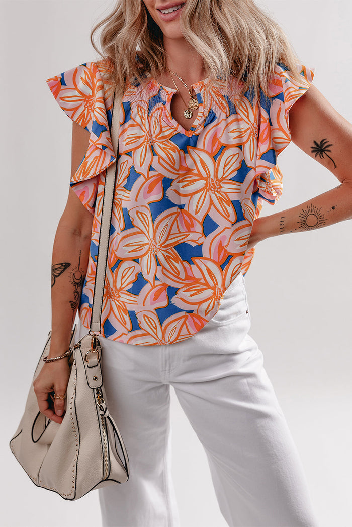 Orange Summer Flower Print Notched Neck Ruffle Sleeve Blouse - Tops/Blouses & Shirts