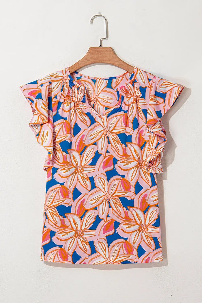 Orange Summer Flower Print Notched Neck Ruffle Sleeve Blouse - Tops/Blouses & Shirts