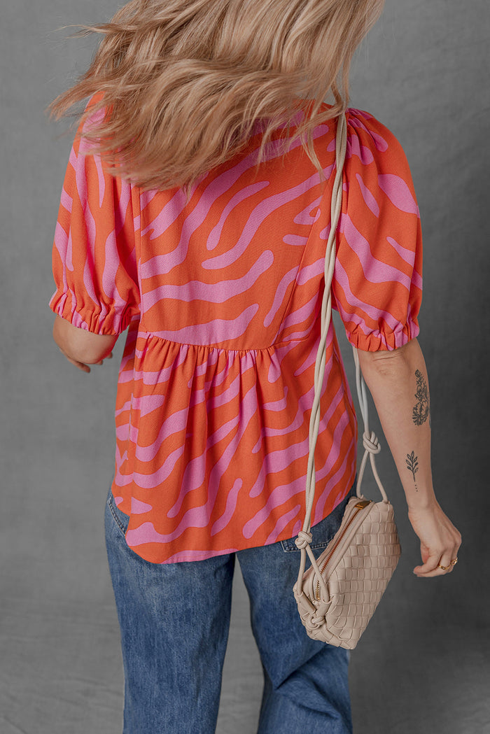 Orange Zebra Stripe Print Ruched Cuff Half Sleeve V Neck Blouse - Tops/Blouses & Shirts