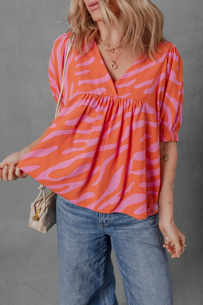 Orange Zebra Stripe Print Ruched Cuff Half Sleeve V Neck Blouse - Tops/Blouses & Shirts