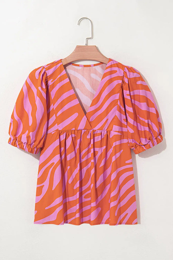 Orange Zebra Stripe Print Ruched Cuff Half Sleeve V Neck Blouse - Tops/Blouses & Shirts
