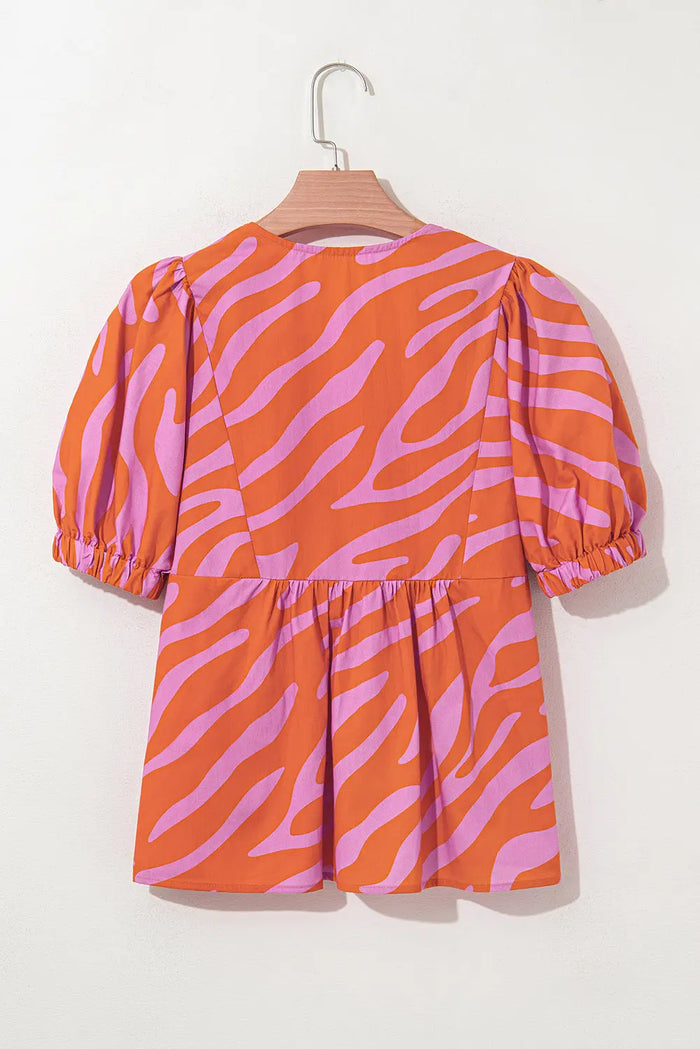 Orange Zebra Stripe Print Ruched Cuff Half Sleeve V Neck Blouse - Tops/Blouses & Shirts