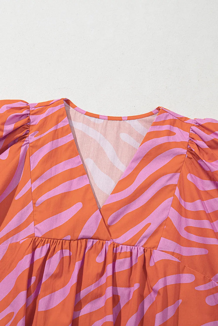Orange Zebra Stripe Print Ruched Cuff Half Sleeve V Neck Blouse - Tops/Blouses & Shirts