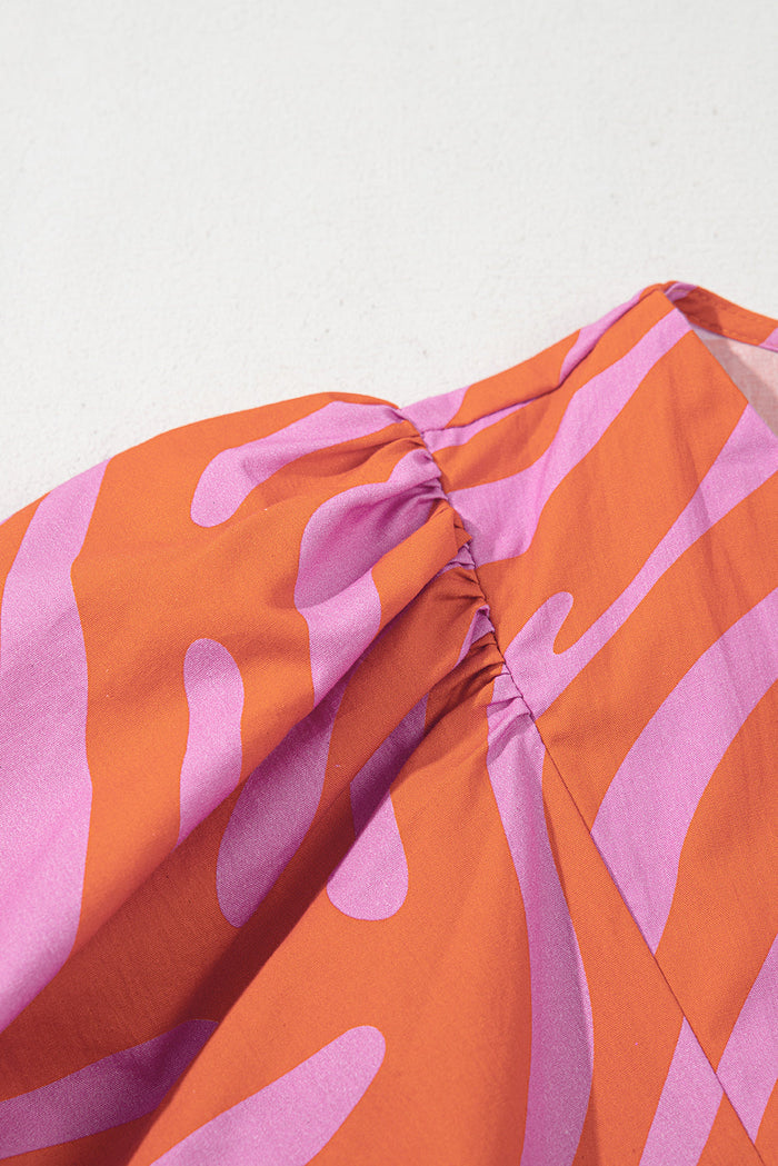 Orange Zebra Stripe Print Ruched Cuff Half Sleeve V Neck Blouse - Tops/Blouses & Shirts
