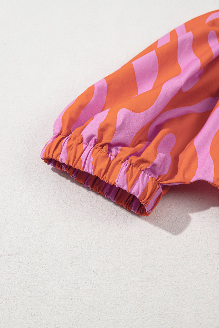 Orange Zebra Stripe Print Ruched Cuff Half Sleeve V Neck Blouse - Tops/Blouses & Shirts
