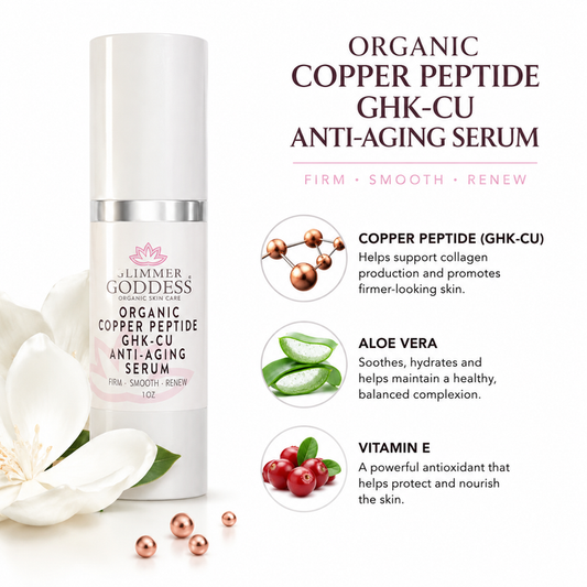 Glimmer Goddess Organic Copper Peptide GHK-CU Anti-Aging Serum bottle shown on a white background with decorative white flowers and copper spheres, alongside text describing key ingredients: copper peptide, aloe vera, and vitamin E.