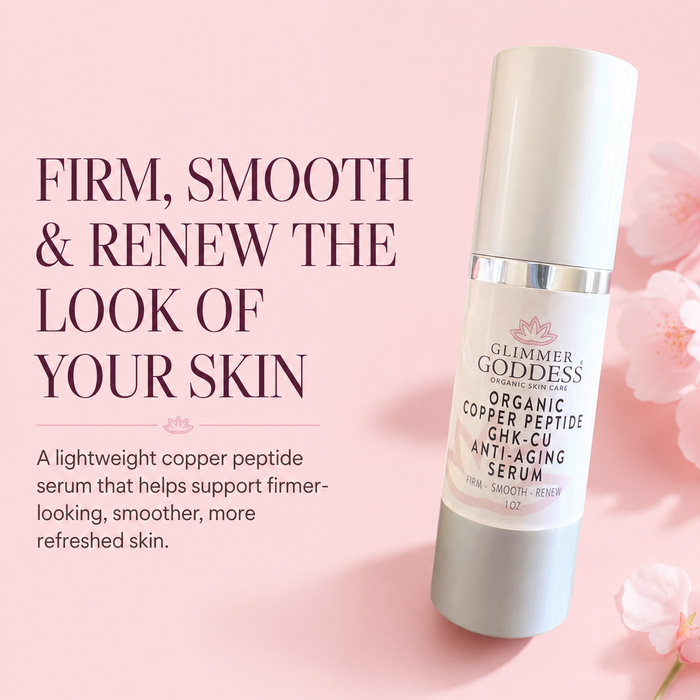 Glimmer Goddess Organic Copper Peptide GHK-CU Anti-Aging Serum in a white and silver pump bottle, set against a soft pink background with decorative text and cherry blossom graphics.