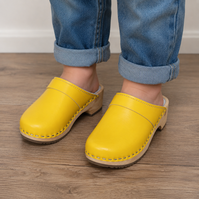 Original Yellow Swedish Wooden Clogs – Handmade in Sweden | Genuine Yellow Leather & Alder Wood