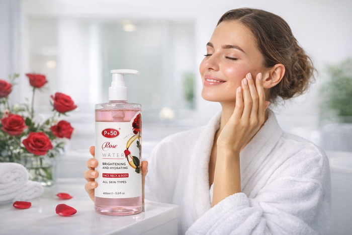 P+50 Rose Water Brightening & Hydrating Skin Toner (400ml) – Face, Neck & Body!